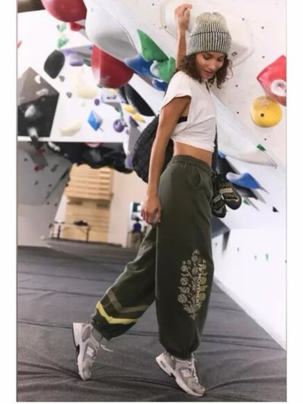 Free People Olive Green Graphic Track Joggers with Yellow Stripe